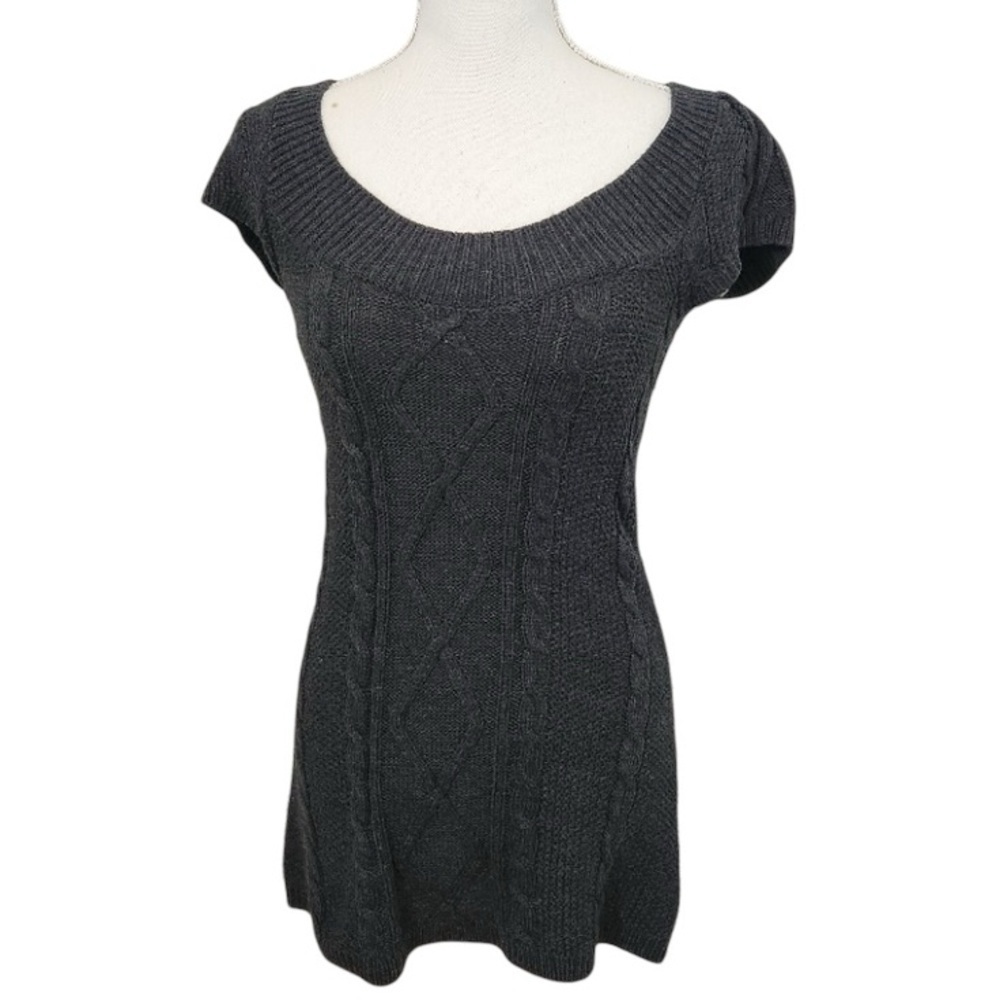 Express Black Charcoal V-Neck Short Sleeve Midi Cableknit Dress size XS